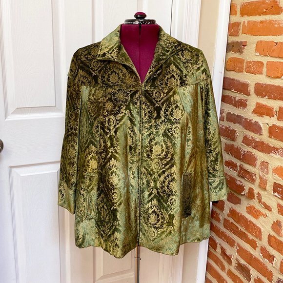 NWT Stunning Lafayette 148 Loden Green Velvet & Gold Damask Print Swing Jacket